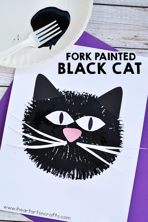 Fork Painted Black Cat Craft For Kids - I Heart Arts n Crafts Black Cat Craft, Arts N Crafts, Cat Paper, Black Cat Painting, Halloween Crafts Preschool, Black Craft, Cat Paintings, Halloween Crafts For Toddlers, October Crafts