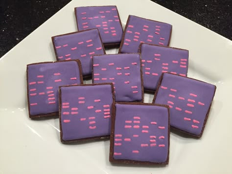 DNA decorated sugar cookies. Royal icing. Purple, pink. Gel electrophoresis. Square. Chocolate. Biology Themed Cookies, Lab Tech Graduation Party, Biology Themed Party, Biology Cookies, Science Cookies, Med School Party, Lab Party, Gel Electrophoresis, Science Lab Decorations