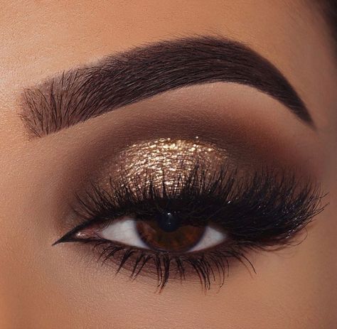 Eye Makeup For Night Wedding, Goldish Eye Makeup, Brown Smokey Eye With Gold Shimmer, Bridesmaids Makeup Smokey Eye, Wedding Makeup For Brown Eyes Dramatic, Smokey Eye With Gold Makeup, Brown Smokey Eye Glitter, Matric Makeup Ideas, 21st Birthday Makeup Ideas Natural