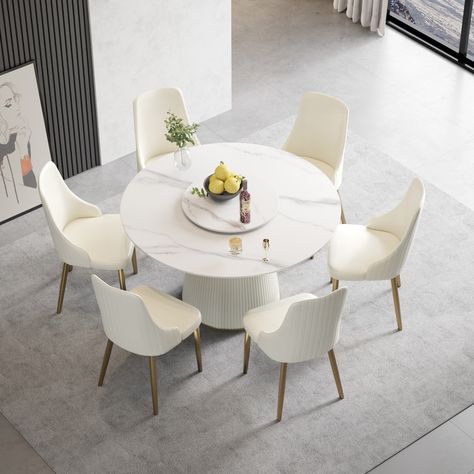 53'' Round Dining Table for 6, Modern White Sintered Stone Tabletop with Lazy Susan - N/A - Bed Bath & Beyond - 39195076 Round Dining Table For 6, Dining Table For 6, Clear Chairs, Sintered Stone Dining Table, Round Dining Table Modern, Stone Dining Table, Living Room Design Inspiration, Mid Century Dining, Sintered Stone