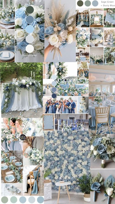 Indie Blue Wedding, Dusty Blue And White Wedding Theme, Bridgerton Wedding Color Palette, Wedding Mood Board Color Palettes Summer, Light Blue Wedding Palette, Dusty Blue Color Palette Wedding, Coastal Fall Wedding, Dusty Blue Wedding Palette, Light Blue And Navy Wedding