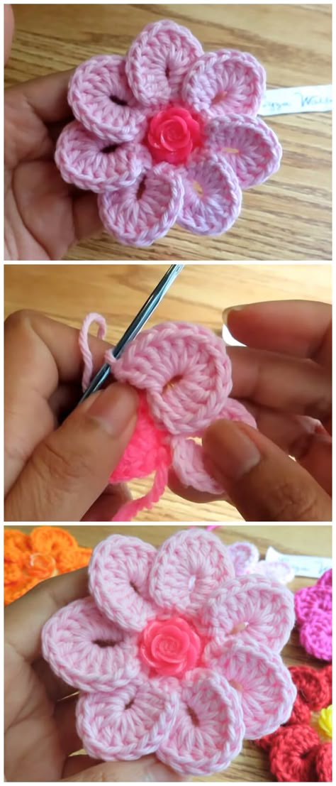 Crochet 7 Petals Flower - Learn to Crochet - Crochet Kingdom Crochet Flowers For Hats, Crocheted Flowers For Hats, Crochet Flower For Hat, Crochet Flower Petals Free Pattern, Crochet Flower For Headband, Crochet 4 Petal Flower Pattern, Flower Petal Crochet, Crocheted Flower Appliques, 5 Petal Crochet Flower Pattern