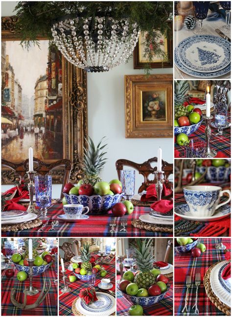 Blue Willow Christmas Tablescapes, Blue Willow Christmas, Red And Blue Christmas, Tartan Decor, Ralph Lauren Christmas, Blue White Christmas, Tartan Plaid Christmas, Blue And White Christmas, Christmas Tables