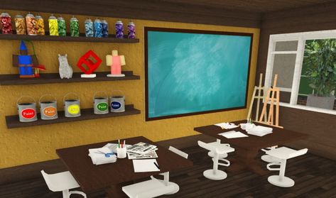 Art Classroom Bloxburg, Bloxburg Math Classroom Ideas, Bloxburg School Front Office, Bloxburg Art Classroom, Art Class Bloxburg, Art Room Bloxburg, Bloxburg School Classroom Ideas, Bloxburg School Interior, Classroom Bloxburg