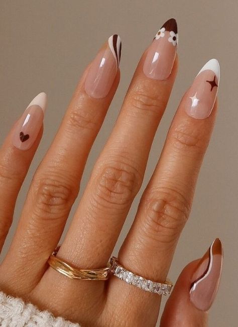 November Nails Ideas French Tip, November French Nails, Nail Art Different On Each Nail, Brown And White French Tip, Coffee Inspired Nails, Cream And Brown Nails, Thanksgiving Nail Designs Fall Simple, Fall Almond Nails Designs, Brown Acrylic Nails Design