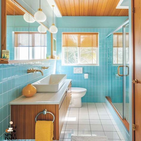 Unlocking the Timeless Beauty of Mid-Century Modern Bathroom Design - Poolhouse Bathrooms, Retro Tile Bathroom, Retro Blue Bathroom, Japanese Inspired Bathroom, Mom Bathroom, Minimalist Vanity, Mid Century Modern Bathroom, Retro Tiles, Rustic Bathroom Decor