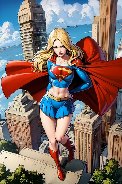 With flowing blonde hair and piercing blue eyes, Supergirl cuts an impressive figure. Beneath her civilian disguise as Kara Zor-El, a strong and athletic build hints at the hero within. But when trouble calls, Kara transforms. Her signature outfit is a bold statement: a bright red skirt or shorts with a high blue waist, accented by a flowing red cape. The iconic yellow "S" symbol on her chest, a family crest from Krypton, shines as a beacon of hope. Dc Superheroes Art, Heat Vision, Supergirl 2, S Symbol, Superman Cape, Superman Artwork, Supergirl Superman, Supergirl Comic, Dc Comics Wallpaper