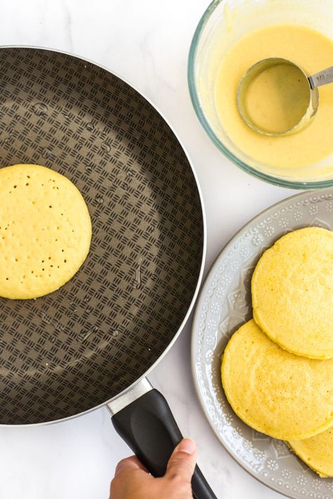 Vibrant yellow in color, these corn flour pancakes are easy and delicious, not to mention gluten-free and dairy-free too. | Get the recipe at www.dishbydish.net | easy corn flour pancakes | gluten-free pancake recipes | gluten-free pancakes | #cornflourpancakes #glutenfreepancakes Cornflour Recipes, Millet Flour Pancakes, Pancake Recipe Gluten Free, Gluten Free Pancakes No Eggs, Corn Flour Pancakes, Gluten Free Corn Pancakes, Oat Flour Pancakes Vegan, Corn Meal Pancake Recipe, Gluten Free Pancake Recipe