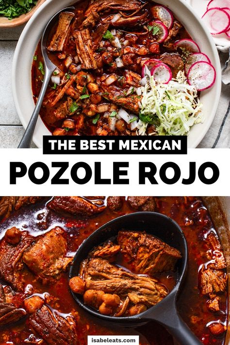 Traditional pozole rojo is the best Mexican comfort food! This authentic stew features tender pork and hominy cooked in a red chile broth. Posole Beef Pozole, Beef Pozole Recipe, Posole Rojo Recipe, Authentic Posole Recipe, Pazole Recipe, Red Posole Recipe, Authentic Pozole, Pozole Recipe Pork, Pasole Recipe