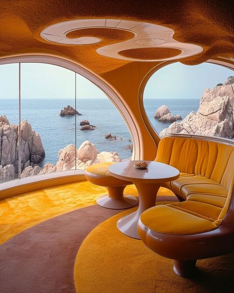 60s Futurism Architecture, Space Age Furniture Design, Space Age Sofa, Retro Futuristic House, Retrofuture Interior, Retrofuturism Decor, Futuristic Couch, Retro Futuristic Aesthetic, Retro Futurism Interior