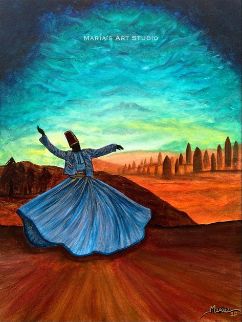 Original Handmade Painting ▪️Title: “RAQS” Whirling Sufi Dervish Painting (Rumi). ▪️Size: 24x18 inches ▪️Medium: Acrylics on Canvas ▪️Protected with Gloss Varnish ▪️Available for Sale ▪️Includes Certificate of Authenticity ▪️Shipping Worldwide ▪️Shipping in a tube. (unframed) Please inbox me to buy Original Art or you can contact me on Instagram (@mariazartstudio) for further queries.📥 I would be happy to assist you 😊 #sufi painting #sufidervesh #dervaishpainting #originalpainting #islami Sufi Painting, Sufi Dance, Sufi Art, Kinkade Paintings, Pakistan Art, Whirling Dervish, Spiritual Paintings, Dining Wall, Dance Paintings