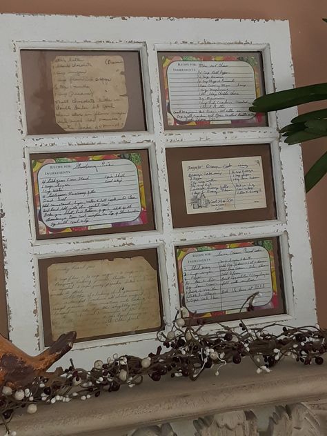 My Mom passed away and I saved her handwritten recipes to put in this window . Handwritten Recipes Display, Recipe Keepsake Ideas, Old Recipe Display Ideas, Framed Recipes, Moms Recipes, Keepsake Ideas, Keepsake Crafts, Heirloom Recipes, Handwritten Recipes