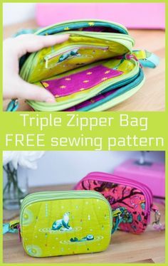 Triple Zipper Bag FREE sewing pattern. This sweet little bag has 3 zippers on the exterior, plus another zipper on a coin pocket inside, so there are plenty of places to store things. It also has a little card pocket. This free zipper bag sewing pattern will help you make the best little bag you’ve ever sewn! Wristlet clutch bag free sewing pattern, step by step sewing tutorial. SewModernBags Bag Free Sewing Pattern, Tiny Bags, Purse Diy, Pattern Step By Step, Wallet Sewing Pattern, Sew Sweetness, Purse Sewing Patterns, Bags Patterns, Diy Sewing Gifts