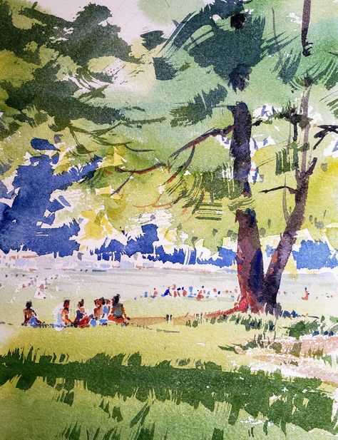 Yong Hong Zhong,     A sunny afternoon at Prospect Park in Brooklyn NY Park Watercolor, Monochromatic Art, Color Pencil Illustration, Color Drawing Art, Watercolor Beginner, Watercolour Inspiration, Prospect Park, Sunny Afternoon, Watercolor Sketchbook