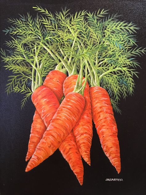 Carrots. Original acrylic painting on canvas by JKCARTER. Carrot Painting Acrylic, Carrot Painting, Acrylic Still Life, Painting On Glass Windows, Watercolor Fruits, Ideas For Painting, Vegetable Art, Vegetable Painting, Food Art Painting