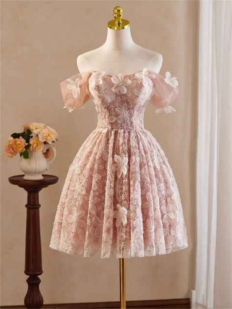 Homecoming Dresses,A-Line Off Shoulder Tulle Lace Pink Short Short Pink Quince Dress, Dama Dresses For Quince Rose Gold, Dama Pink Dresses, Elegant Pink Dress Short, Light Pink Dama Dresses, Short Pink Wedding Dress, Pink Ruffle Dress Short, Baby Pink Dress Short, Dama Dresses Pink