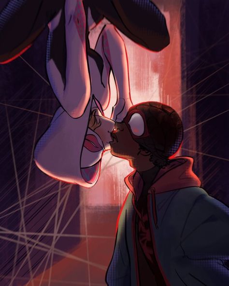 Upside Down Kiss Spider Man, Miles And Gwen Upside Down, Spider Gwen And Miles Morales Wallpaper, Miles Morales And Gwen Stacy Kiss, Gwen And Miles Upside Down, Spider Man Kiss Drawing Reference, Miles And Gwen Fanart Cute, Miles And Gwen Kiss, Gwen X Miles Morales