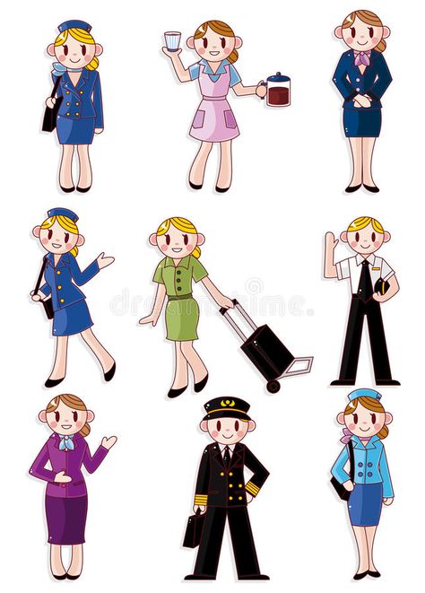 Cartoon flight attendant/pilot icon. Drawing stock illustration Flight Attendant, Girl Drawing, Cartoon Design, Fashion Designer, Stock Illustration, Flight, Stock Vector, Vector Illustration, Travel