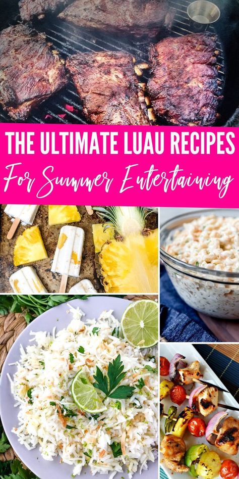 Luau Themed Decorations, Beach Theme Dinner Party, Hawaiian Dishes Recipes, Hawaiian Cookout, Hawaiian Dinners, Hawaiian Party Food Ideas, Hawaiian Themed Food, Tiki Food, Hawaiian Luau Food