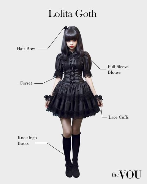 Gothic Lolita, GothLoli, Western Goth Fashion, Japanese Lolita Style, Polished, Cute, Conservative Appearance, Soft Feminine Makeup, Pink, Red, Brown Shades, Dark Colors, Black, Low to Mid-Height Mary Janes, Tea Party Shoes, Lace Umbrellas, Wigs, Knee-High Socks, Victorian-Era Details, Lace, Ribbons, Vintage, Nostalgic, Petticoats, Bloomers, Bell-Shaped Skirts, Dresses, Tailored Blouses, Frills, Buttons, Accessories, Bats, Coffins, Crosses, Rosaries, Top Hats, Headbands, Bows, Parasols Innocent Goth Aesthetic, Vintage Black Clothes, Goth Japanese Makeup, Vintage Goth Style, Gothic Cute Outfits, Goth Tea Party Outfit, Japanese Gothic Fashion, Goth Cute Outfits, Goth Victorian Outfits