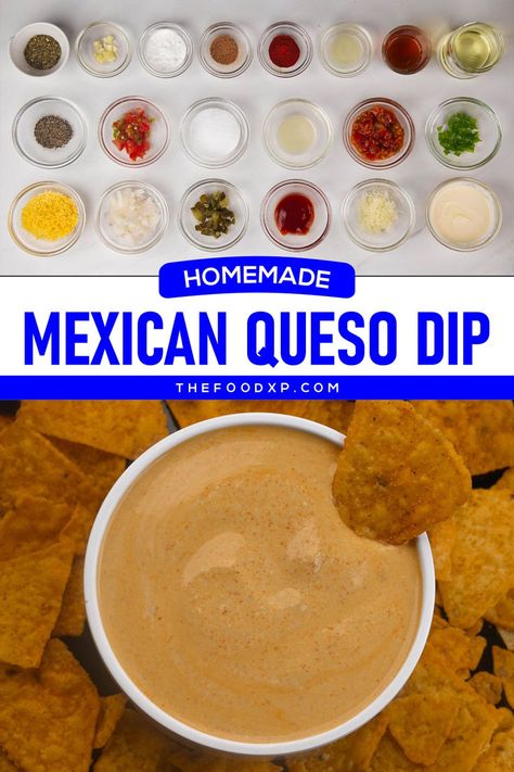 Image of Homemade Mexican Queso Dip served in a ceramic bowl. The dip is creamy and smooth, infused with authentic Mexican spices and garnished with fresh cilantro and diced peppers. Perfect for dipping tortilla chips or drizzling over nachos, this recipe brings the bold flavors of Mexico to your table. Making Queso Dip, Healthy Queso Dip, Mexican Queso Dip, Homemade Queso Recipe, Queso Dips, Mexican Queso, Chipotle Queso, Homemade Queso, Queso Cheese Dip