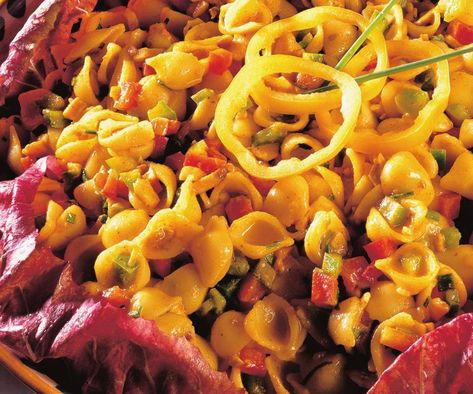 Spicy hits of curry powder and capsicum lend an Indian edge to this basic pasta salad. It makes for a great packed lunch or as a quick weeknight meal - either way it's super filling and loaded with flavour. Basic Pasta Salad, Curried Pasta, Curry Pasta Salad, Curry Salad, Homemade Pasta Salad, Chicken Curry Soup, Curry Pasta, Pasta Varieties, Fresh Summer Salad