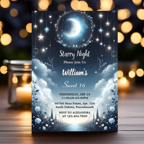 Ready Nature Galaxy Mystical Starry Night Sweet 16 for $2.92 - Birthday Invitations Starry Night Sweet 16, 92nd Birthday, Sweet 16 Invitations, Sweet 16, Starry Night, Birthday Invitations, Tap, Party Ideas, Birthday Party