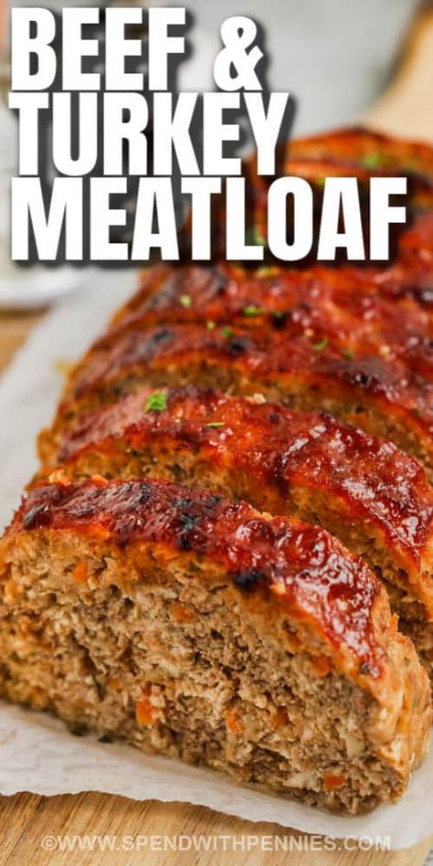 This beef and turkey meatloaf is so tender and juicy. Made with two kinds of meat and cooked with a sweet sauce, this meatloaf is bound to be a hit. Add a slice of bacon or a little bit of cheese for added flavor. What's more, is that it doesn't take long to make this filling main dish. #beefandturkeymeatloaf #bestmeatloafrecipe #easymeatloafrecipe #spendwithpennies Meatloaf Made With Ground Turkey, Turkey Ground Beef Meatloaf, Meatloaf With Turkey And Beef, Ground Chicken And Beef Meatloaf, Turkey And Beef Meatloaf Recipes, Best Turkey Meatloaf Ever, Turkey And Beef Meatloaf, Beef Turkey Meatloaf, Ground Turkey And Pork Meatloaf