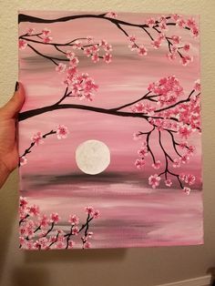 Pink Mini Painting, Easy Art Work For Beginners, Japanese Cherry Blossom Painting Easy, Jell Pen Art, Landscape Paintings Beginner, Painting Ideas On Canvas Beginners, Paintings Easy Ideas, Easy Paintings Acrylic, Painting With Pink Background