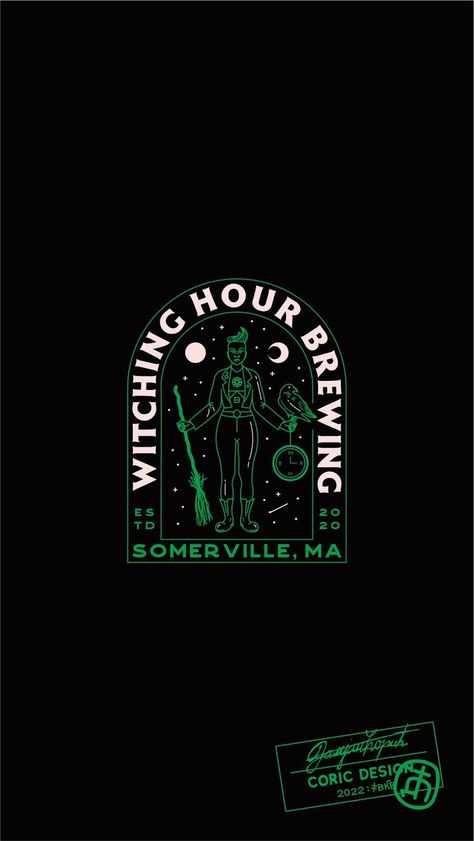 Brand identity project for a small witch-themed brewery in Somerville, MA. The client envisioned a flexible visual identity that would stand out on the shelves. We achieved this with an esoteric approach, celestial green hue & playful “witchy” details. The design was awarded in 2021 by 99designs in the category of Best Branding Design. #brandingdesign #craftbrewery #coricdesign Goth Branding Design, Dark Brand Identity, Goth Logo Design, Witch Graphic Design, Witchy Branding, Witch Cafe, Best Branding Design, Dark Branding, Personal Identity Design