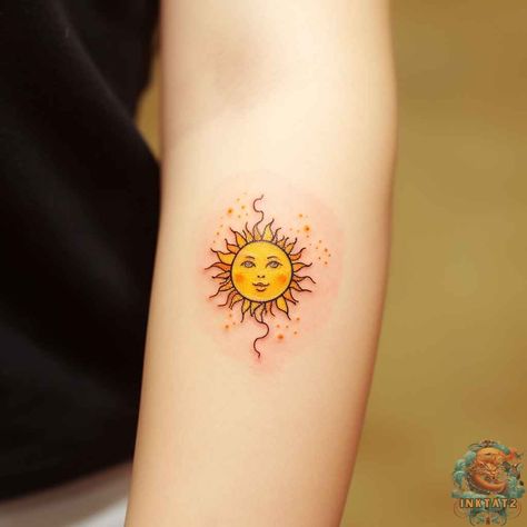 The Power of Sun Tattoos: A Symbol of Strength, Life, and Renewal: 56 Designs - inktat2.com Orange Sun Tattoo, Sun Tattoo Color, Sunshine Tattoos, Flip Flop Tattoo, Sunshine Tattoo, Sun Tattoo Designs, Smiling Sun, Symbol Of Strength, Sun Tattoos