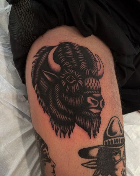 Kady Wilie on Instagram: “Thanks always @friese_tag!” American Buffalo Tattoo, Buffalo American Traditional Tattoo, Buffalo Head Tattoo Traditional, American Traditional Farm Tattoo, Buffalo Face Tattoo, Men American Traditional Tattoo, Traditional Cover Up, Bison Tattoo Traditional, Longhorn Hand Tattoo