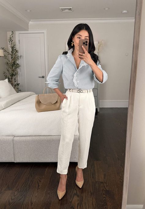 how to style white ankle pants for work // polished office style for petite women White Ankle Pants Outfit, How To Style Formal Pants Women, Cream Pants Women, Ankle Pants Women Outfit, Pants Petite Women, Ministry Outfits, Ankle Work Pants, Ankle Pants Outfit, What To Wear To An Interview