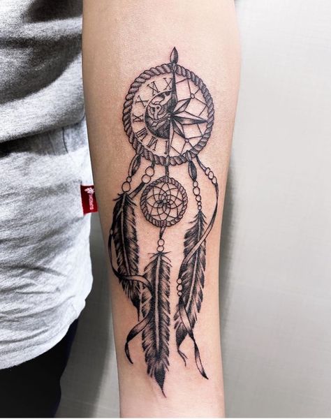 Dreamcatcher Tattoo Arm Sleeve, Black Dream Catcher Tattoo, Gemini Dreamcatcher Tattoo, Dream Catcher Elbow Tattoo, Dreamcatcher Tattoo Forearm, Dreamcatcher Compass Tattoo, Compass Dreamcatcher Tattoo, Dreamcatcher Tattoo For Men, Dream Catcher Tattoo For Men