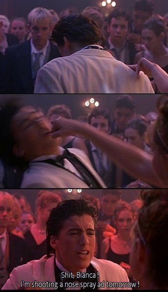 ...(After Joey punches Cameron, Bianca punches Joey in the face) Joey (Andrew Keegan): Shit, Bianca, I'm shooting a nose spray ad tomorrow! Bianca: That's for making my date bleed! [punches him again] Bianca: That's for my sister! [knees him in the crotch] Bianca (Larisa Oleynik): And that's for me! - 10 Things I Hate About You (1999)  #williamshakespeare #thetamingoftheshrew Mandela 10 Things I Hate About You, 10 Things I Hate About You Fanart, Larisa Oleynik, Comfort Films, Andrew Keegan, Kat Stratford, Film Scenes, 10 Things I Hate About You, Julia Stiles