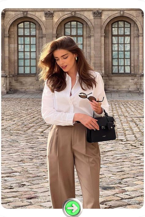 Classic white blouse paired with tailored trousers for a timeless, sophisticated look. Structured fit and neutral tones make it versatile, ideal for a polished old money vibe. Old Money Outfit Ideas, Timeless Wardrobe Essentials, Classic White Blouse, Classy Old Money, Sophisticated Lady, Old Money Outfit, Refined Fashion, Money Outfit, Old Money Outfits