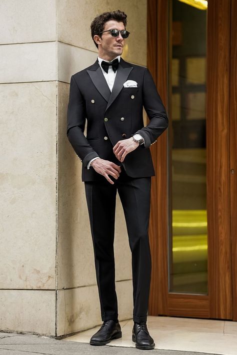 Dress to impress with our Black Double Breasted Tuxedo 2-Piece, a timeless ensemble that exudes sophistication and refinement. Crafted from high-quality fabric, this tuxedo features a double-breasted jacket with peak lapels for a classic yet contemporary look.   #singlebreasted #suit #suits #slimfit #menstyle #menfashion #fashioninspo #formalwear #menclothing #formalattire #tuxedo #tuxedos #blacktuxedo Double Breasted Suit Men Wedding, Black Tuxedo Suit, Bow Tie Suit, Modern Fit Suit, Double Breasted Tuxedo, Suit Stores, Slim Fit Suit Men, Tuxedo Blazer, Slim Fit Suits