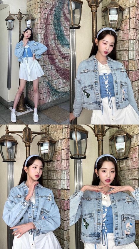 Demin Jacket Outfit Women, Demin On Denim Outfit, Jang Wooyoung, Jacket Outfit Women, Demin Jacket, Poses Women, Jacket Outfit, Photography Poses Women, Outfit Women