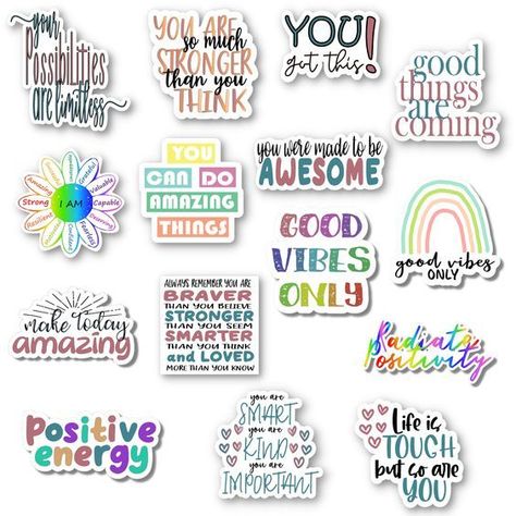 Positive Quote Sticker Pack - 15 Stickers - White Vinyl #StickerPrinting Positive Stickers Free Printable, Positive Affirmation Stickers, Sticker Collection Aesthetic, Cricut Stickers Ideas, Motivating Stickers, Stickers Design Ideas, Vibes Stickers, Svg Stickers, Positive Stickers