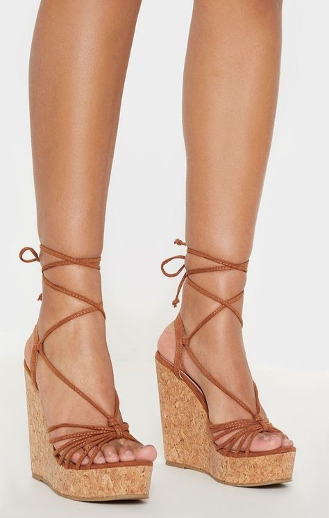 Cork Heels Wedges, Cork Wedges Outfit, Strappy Wedge Heels, Trendy Heels, Cork Wedges, Lace Up Espadrilles, High Heel Wedges, Strappy Wedges, Brown Shoes