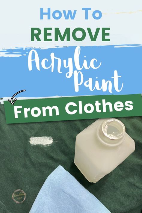 green fabric with white acrylic paint stain and an open bottle of rubbing alcohol and a blue shop towel showing how to remove dried acrylic paint Get Acrylic Paint Out Of Clothes, Getting Acrylic Paint Out Of Clothes, How To Get Rid Of Paint On Clothes, Paint Removal From Clothes, How To Remove Acrylic Paint From Fabric, Removing Acrylic Paint From Clothes, How To Remove Dried Paint From Clothes, How To Get Dried Paint Out Of Clothes, How To Remove Acrylic Paint From Clothes