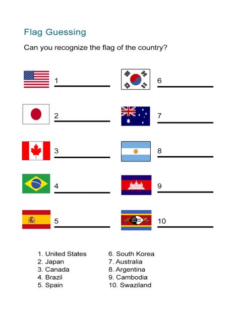 Flag Worksheet: Can You Identify the Country Flag? - ALL ESL Tema Negaraku, Library Competition, World Flags With Names, Logo Quiz Answers, Birthday Quiz, World Quiz, Geography Quiz, Geography Worksheets, Flag Printable