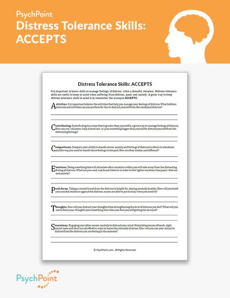 Distress Tolerance Skills: ACCEPTS Worksheet Distress Tolerance Skills Adults, Dbt Skills Worksheets For Teens, Dbt Accepts Worksheet, Tolerance Activities, Distress Intolerance Dbt, Stop Skill Dbt, Counselling Worksheets, Dbt Skills Distress Tolerance, Marsha Linehan