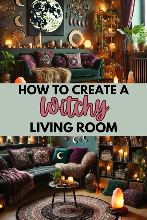 Dreaming of a cozy, magical living room? Learn how to create the perfect witchy vibe with tips on lighting, decor, and textures. Includes must-have product picks like velvet pillows, Moroccan lanterns, and moon phase wall hangings. Perfect for witches, moon lovers, and anyone embracing their mystical side! ?💫 #WitchyVibes #HomeDecorGoals #CozyLivingRoom #Witchcore #MysticalHome #BohoDecor #WitchyLifestyle Living Room Witchy Decor, Moody Witchy Decor, Boho Witch Living Room, Cozy Witchy Living Room, Witchy Decor Aesthetic, Witch Aesthetic Living Room, Witch Interiors, Witchy Living Room Decor, Celestial Living Room