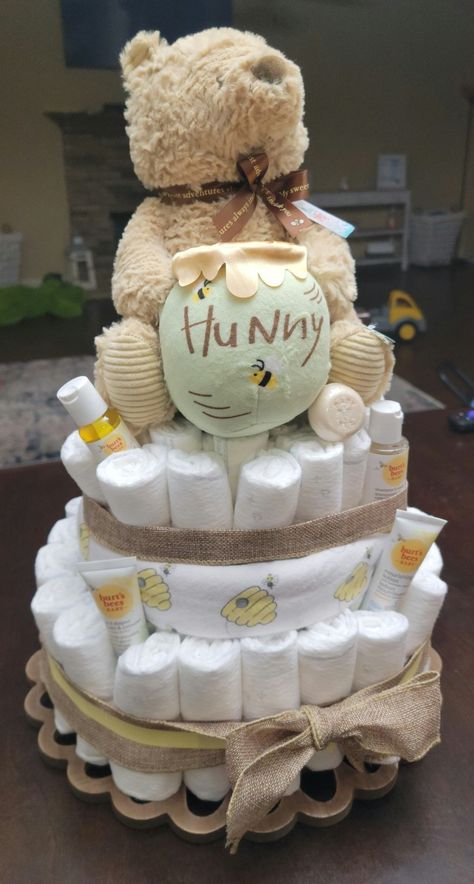 Pooh Bear Diaper Cake, Neutral Diaper Cake Ideas, Gender Neutral Diaper Cake Ideas, Simple Diaper Cake, Gender Reveal Diaper Cake, Diaper Cake Gender Neutral, Winnie The Pooh Diaper Cake, Gender Neutral Diaper Cake, Small Diaper Cakes