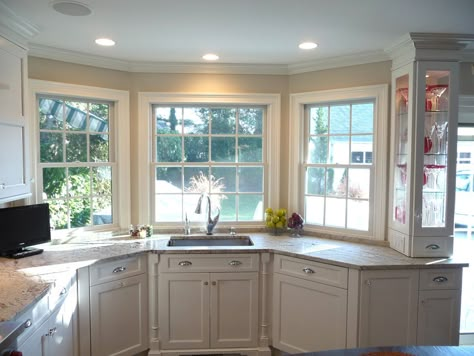 Bay Window Behind Kitchen Sink, Kitchen Remodel With Bay Window, Sapele Countertops, Kitchen Bay Window Over Sink, Bay Window In Kitchen, Bianco Romano Granite, Kitchen Pics, Maple Cabinet, Kitchen Window Decor