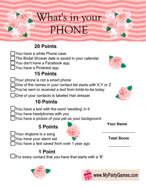 What's in your Phone Game Floral Printable Whats On Your Phone Game, What's On Your Phone Game, Game Questions, Phone Template, Purse Game, Bridal Games, Free Printable Games, Game Template, Printable Bridal Shower Games