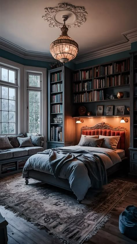 Bedroom Large Room, Moody Library Bedroom, Room Ideas Book Aesthetic, Vintage-inspired Bedroom Ideas, Library In Bedroom Ideas, Guest Room Library Combo, Bedrooms With Bookshelves, Cozy Bedroom Ideas Vintage, Library Bedroom Aesthetic