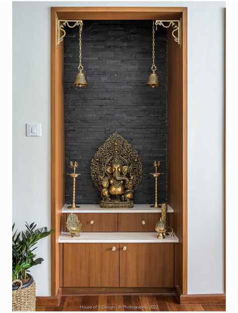 Mandir In Cupboard, Small Corner Temple Design For Home, Pooja Room For Apartments, Pooja Corner In Living Room, Temple For Home Designs, Temple In Home Ideas, Corner Crockery Unit Design, Mandir Designs Modern, House Temple Design