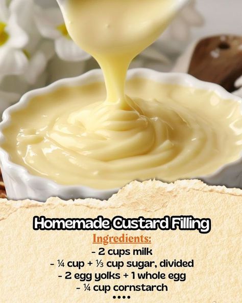 Easy Recipes - 🍮✨ Homemade Custard Filling - Creamy &... Custard Filled Cornbread, Boiled Custard Recipe, Custard Cake Filling Recipe, Breakfast Custard, Lemon Custard Filling, Custard Cream Recipe, Homemade Custard Recipe, Custard Recipe Easy, Egg Custard Recipes